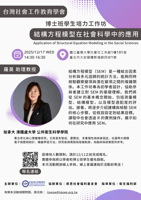 【校外】12/17(三)博士班學生培力工作坊「結構方程模型在社會科學中的應用」｜台灣社會工作教育學會圖片