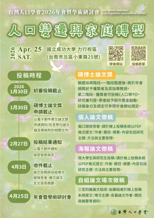 【校外】台灣人口學會2026年會徵稿期限延長圖片